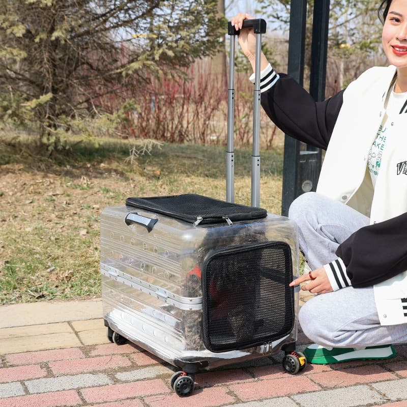 犬キャリーバッグ 伸縮式持ち手付き透明素材四輪犬用キャリーバッグ
