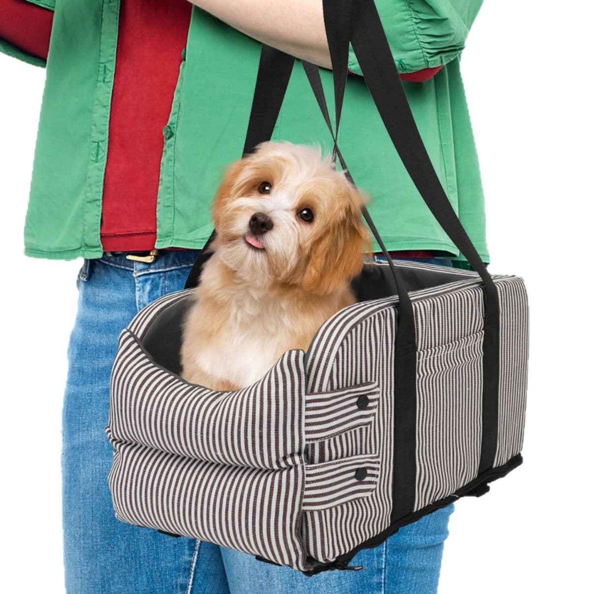 犬キャリーバッグ ストライプ柄おしゃれ肩掛け小型犬用キャリーバッグ